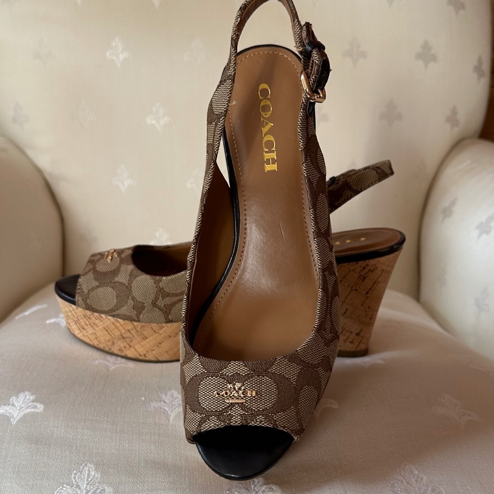 Coach Logo Platform Cork Wedge Shoes